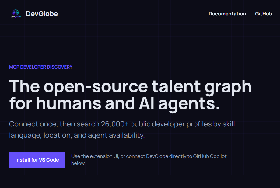 DevGlobe MCP setup page for connecting GitHub Copilot and other AI agents