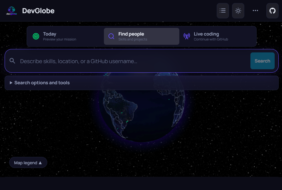 DevGlobe Find People experience with skill, location, and GitHub username search over an interactive globe